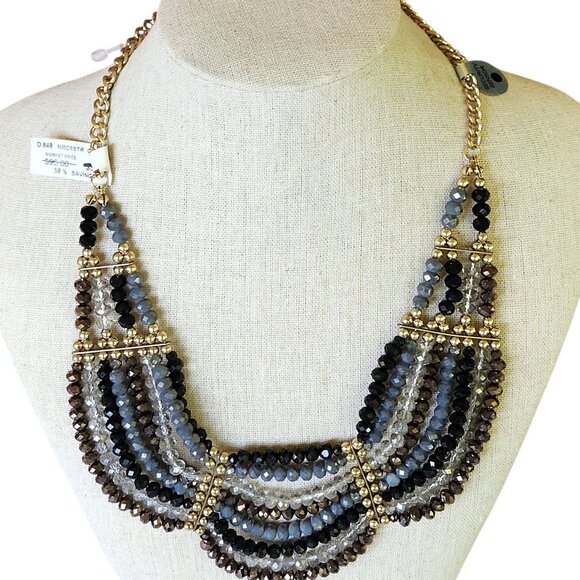 Multi-Strand Gold-Tone Beaded Statement Necklace w/Black Grey & Brown Crystals - Picture 7 of 7
